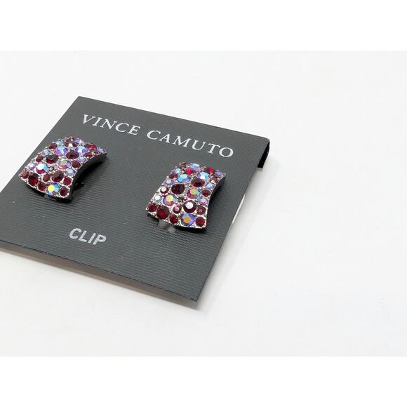 Vince Camuto Clip On Earrings Silver Tone Rectangular Red Rhinestone New - Picture 3 of 4